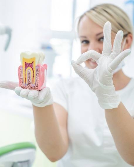 Dental team member holding model of tooth