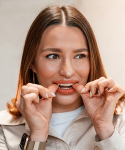 Patient putting on clear aligner in treatment room